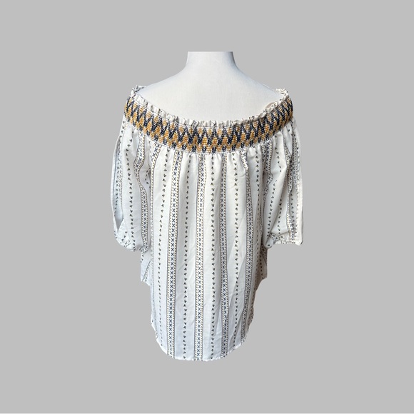 J By J.O.A Smocked Off Shoulder Floral Striped White Top. White, blue, & yellow - Picture 7 of 10